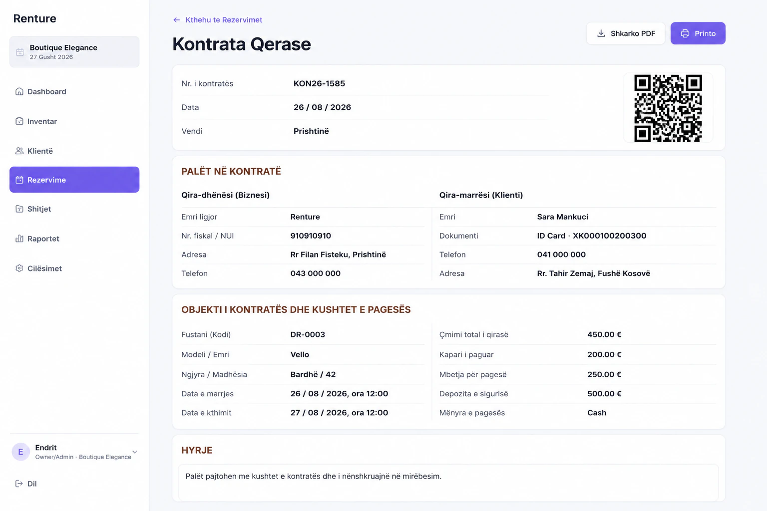 Pamja e kontratës zyrtare të qirasë të gjeneruar automatikisht nga platforma Renture